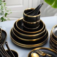 Black Porcelain Dinner Set - Gilt Rim Plates, Bowls & Serveware