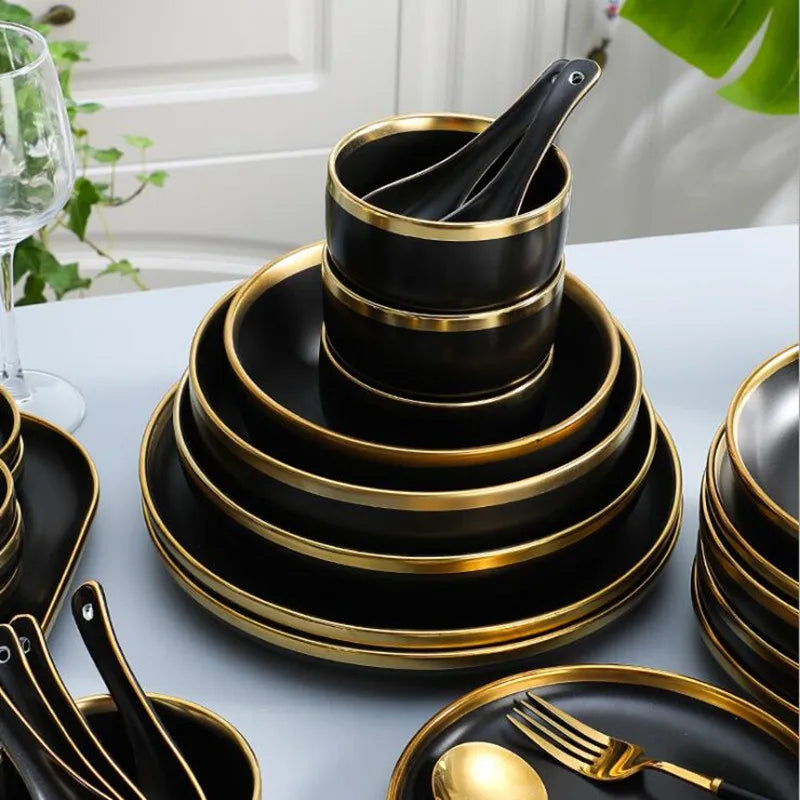 Black Porcelain Dinner Set - Gilt Rim Plates, Bowls & Serveware
