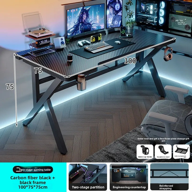 Gaming Desk with Monitor Stand - Carbon Fiber Textured Computer Table