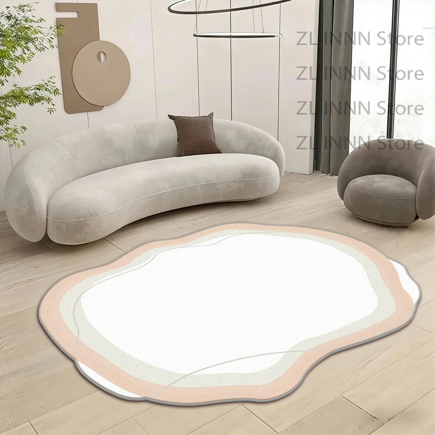 Cream Irregular Oval Area Rug - Soft Plush Bedroom Carpet