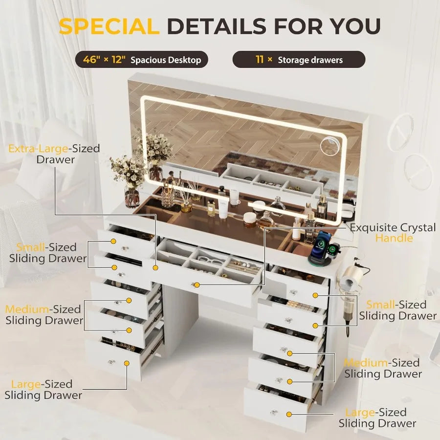 White Makeup Vanity Desk - 11 Drawers Glass Top LED Mirror