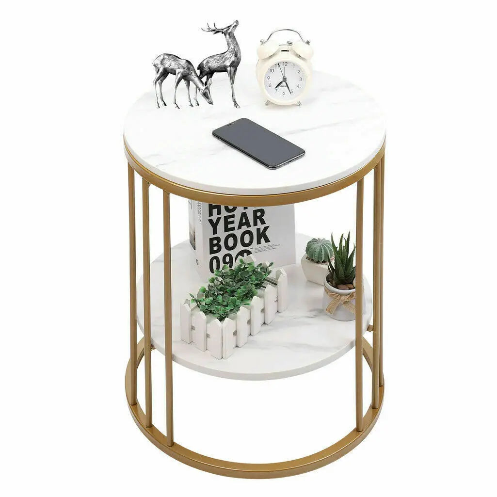 White Marble Side Table - Two-Tier Round Accent Coffee Table