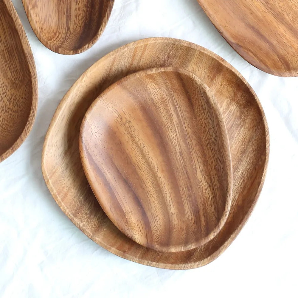 Walnut & Acacia Wooden Serving Plate - Irregular Oval Dinner Tray