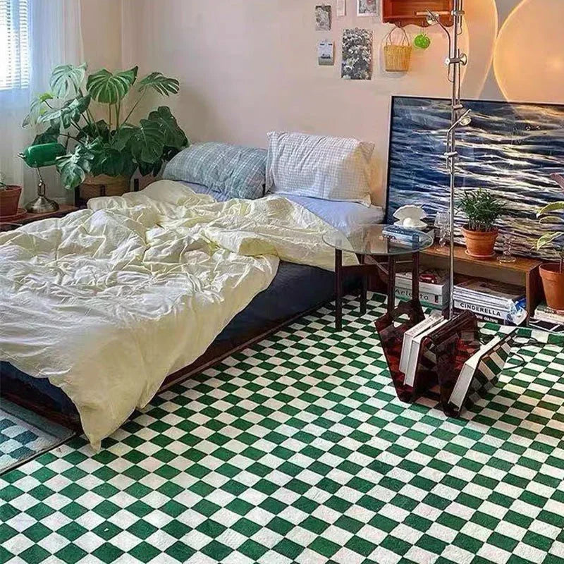 Retro Checkerboard Plush Area Rug - Soft Bedroom and Lounge Carpet