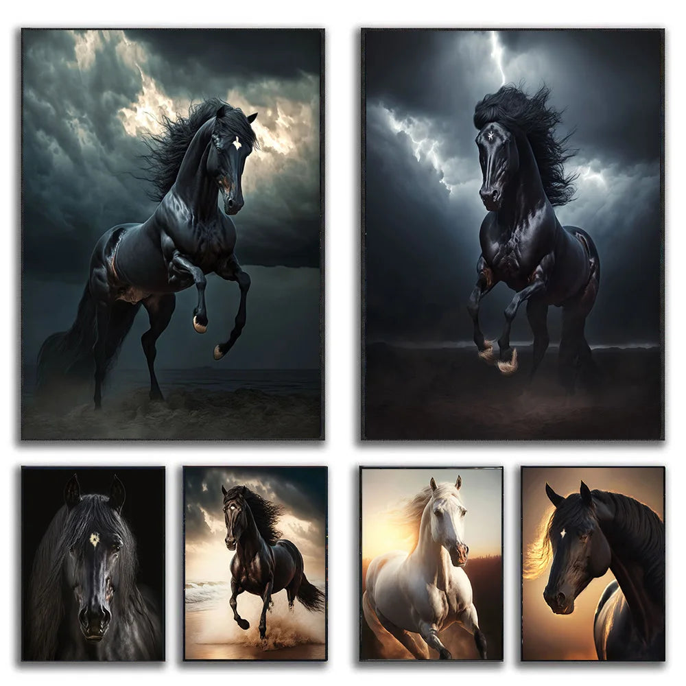 Black and White Wild Horses Canvas Wall Art - Modern Animal Print