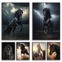 Black and White Wild Horses Canvas Wall Art - Modern Animal Print