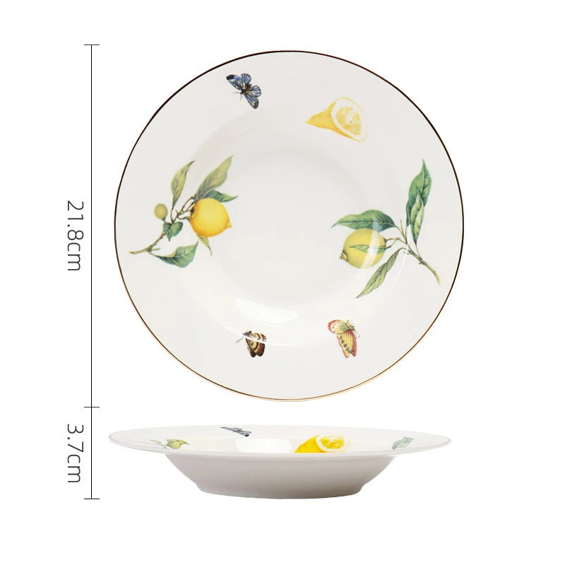 Lemon Pattern Ceramic Dinner Plate - Elegant European Tableware