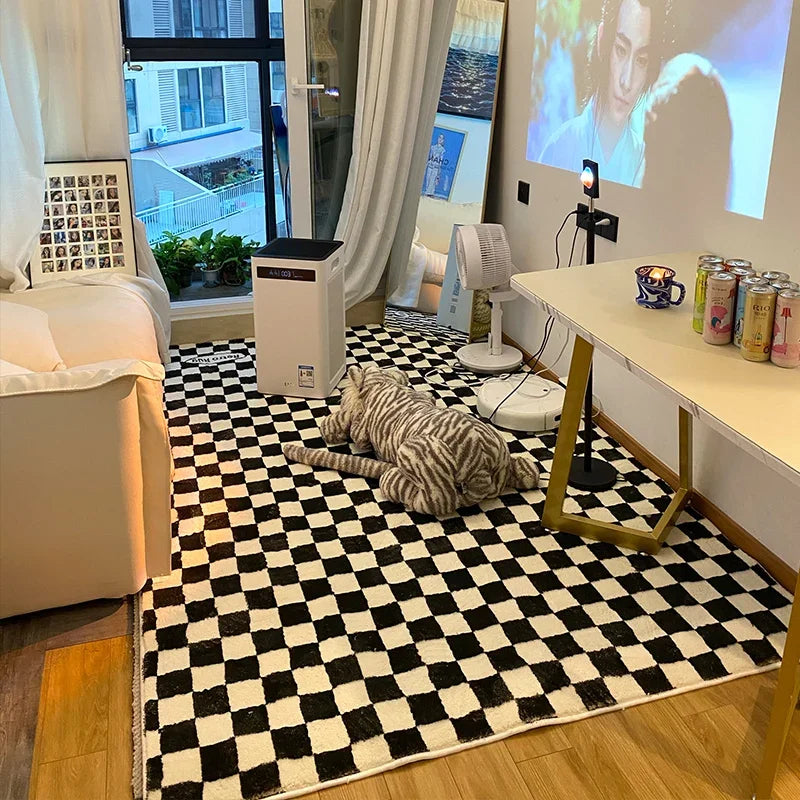 Retro Checkerboard Plush Area Rug - Soft Bedroom and Lounge Carpet