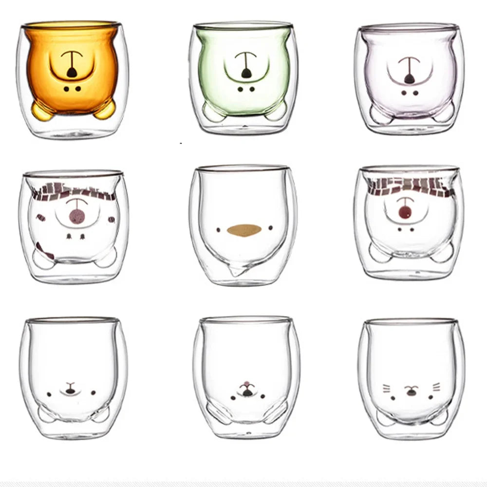 Double-Walled Animal Glass Mug - 250ml Cute Coffee Cup