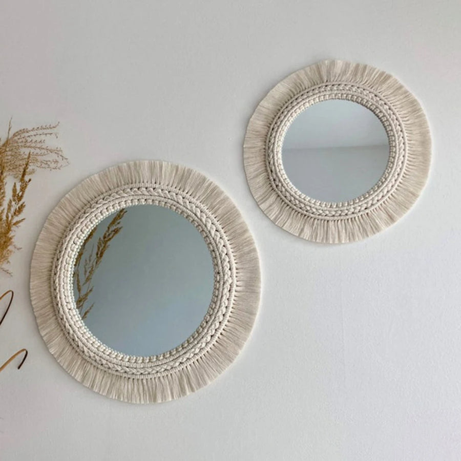 Boho Macrame Round Wall Mirror - Decorative Home Accent