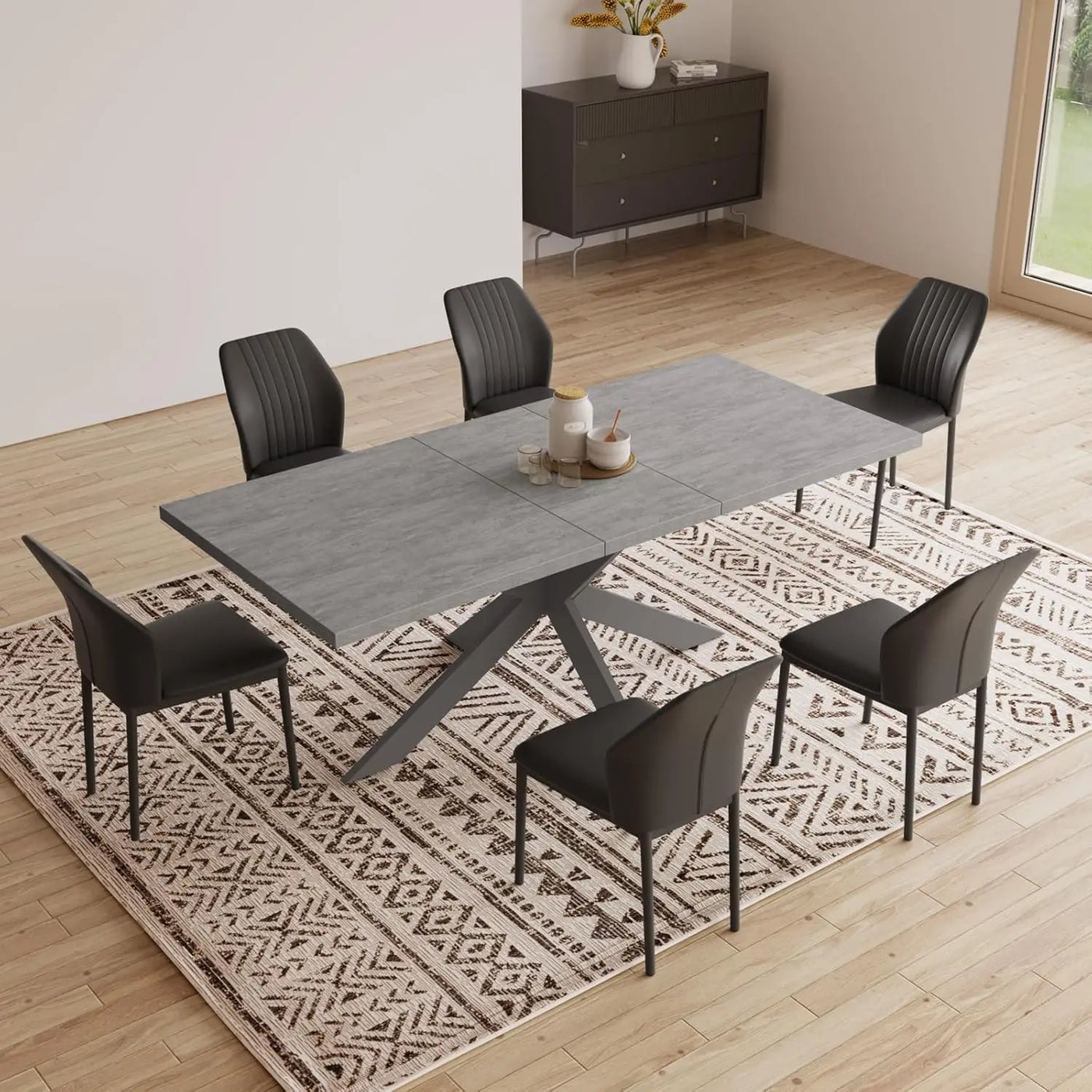 Extendable Grey Wood Dining Table Set - 6 Black Fabric Chairs