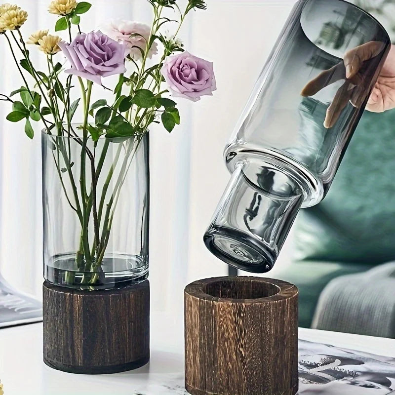 Elegant Glass Vase with Wooden Base - Modern Hydroponic Display