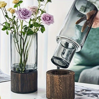 Elegant Glass Vase with Wooden Base - Modern Hydroponic Display