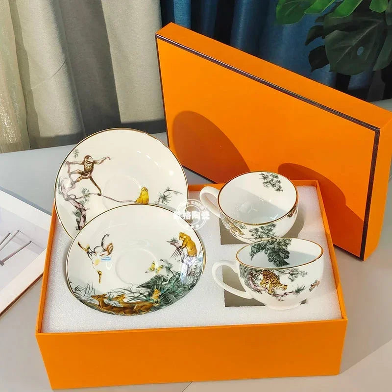 European Jungle Dinnerware Set - Ceramic Steak Plate and Coffee Cup Collection