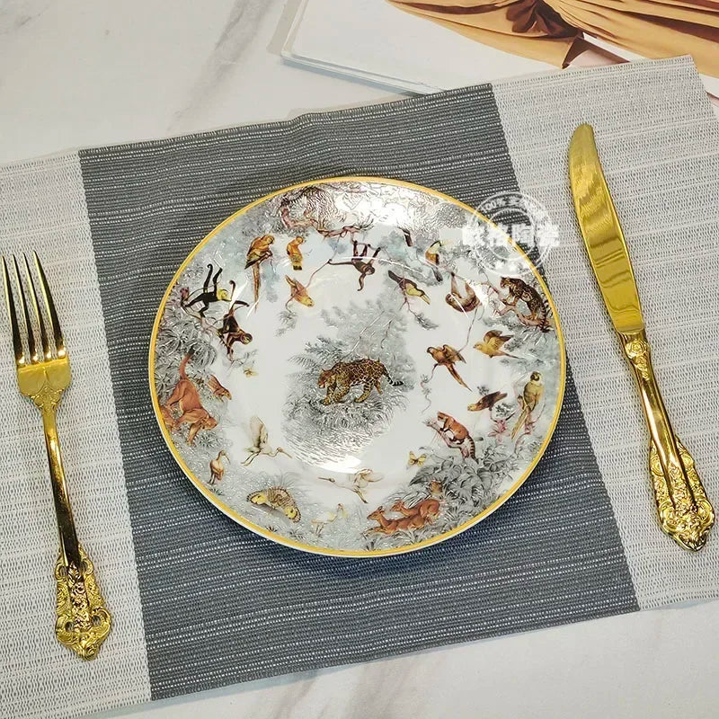 European Jungle Dinnerware Set - Ceramic Steak Plate and Coffee Cup Collection