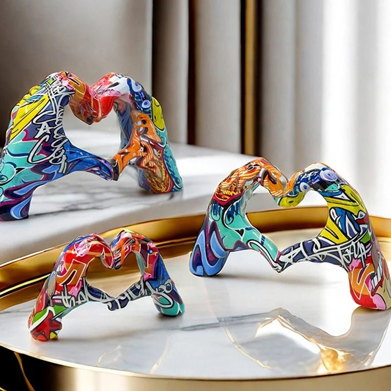 Graffiti Hand Heart Gesture Statue - Modern Resin Love Decor