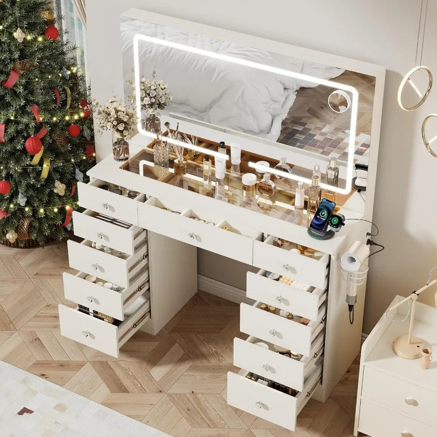 White Makeup Vanity Desk - 11 Drawers Glass Top LED Mirror