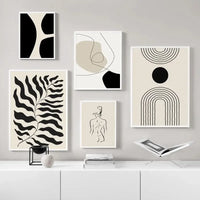 Abstract Boho Geometric Canvas Wall Art - Black and Beige Line Print