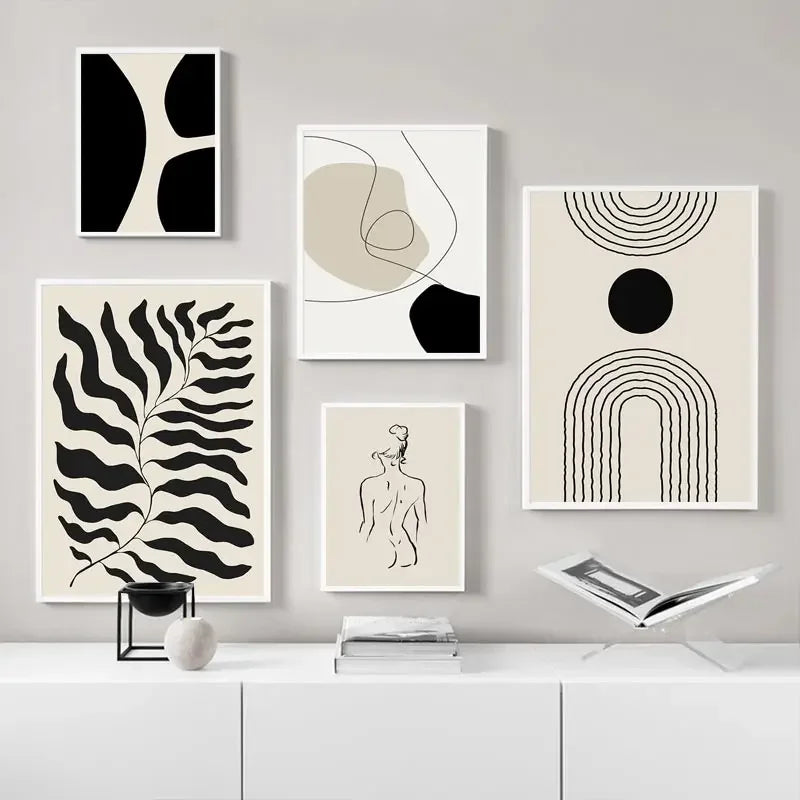 Abstract Boho Geometric Canvas Wall Art - Black and Beige Line Print