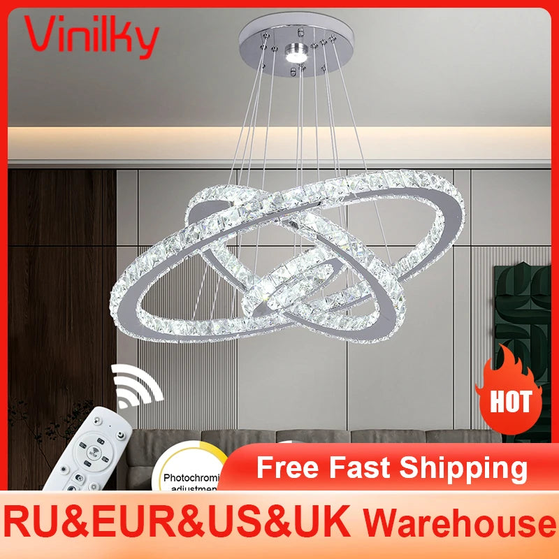 Remote Control Crystal Pendant Chandelier - Smart LED Hanging Light