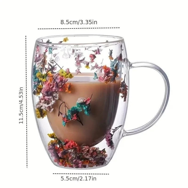 Double-Layer Borosilicate Glass Cup - Floral Petal Coffee Mug