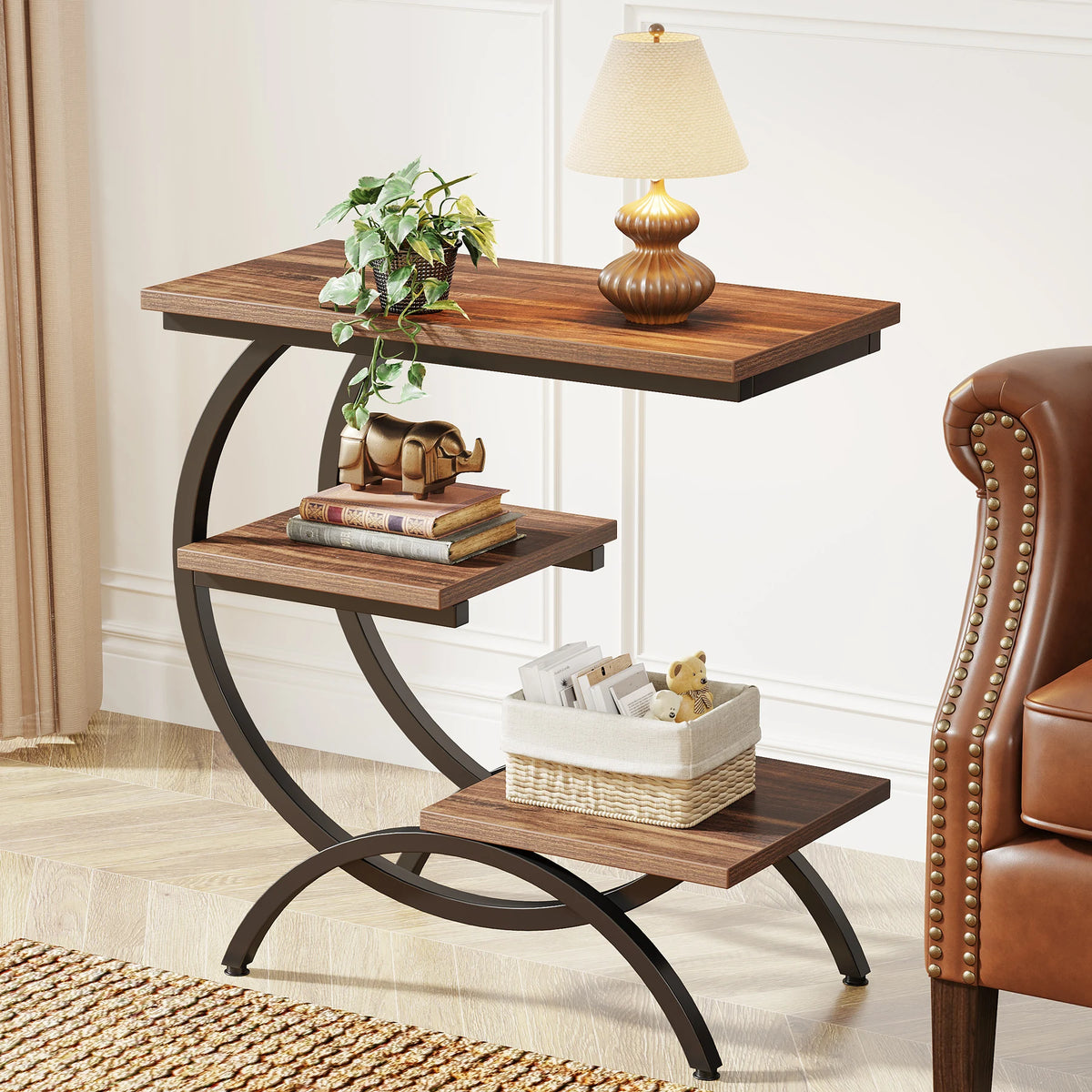 C-Shaped End Table - Industrial Three-Tier Storage Side Table