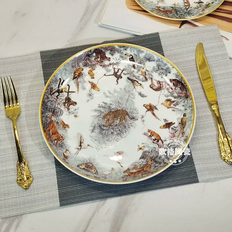 European Jungle Dinnerware Set - Ceramic Steak Plate and Coffee Cup Collection