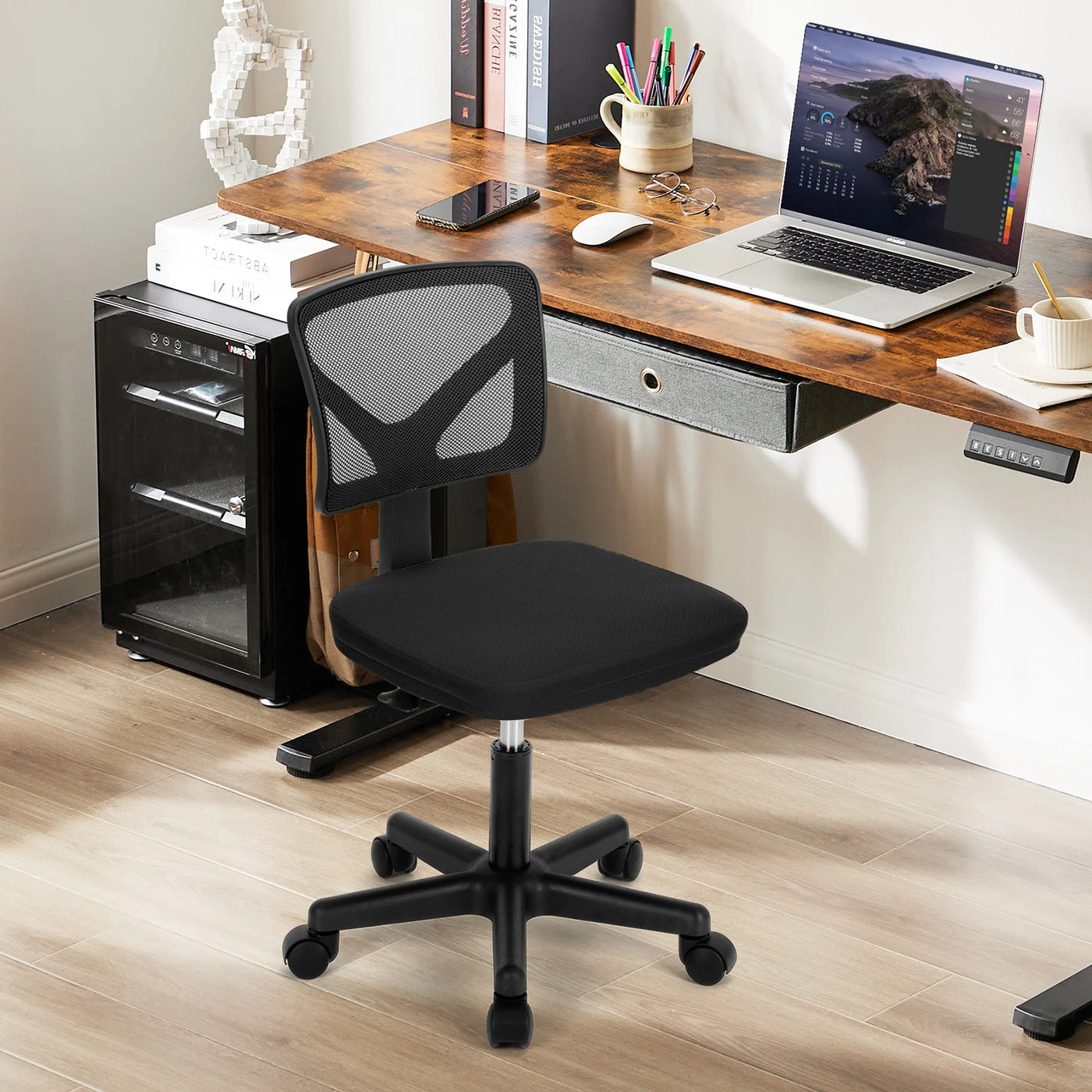 Armless Mesh Office Chair - Low-Back Swivel Seat with Lumbar Support