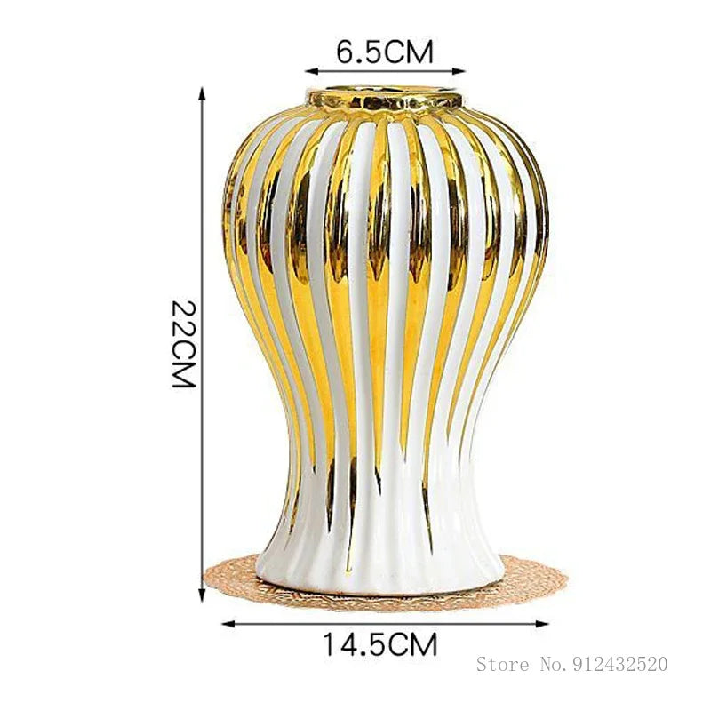 White Ceramic Vase with Gold Edge - Luxe Tabletop Flower Accent