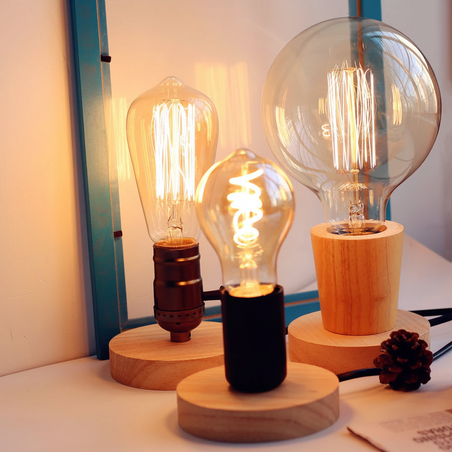 Vintage Wood Base Lamp Holder - E27 Edison Style Desk Light