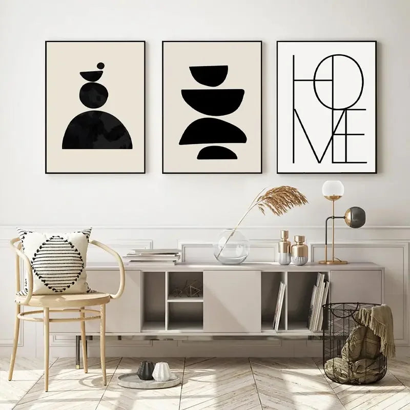 Abstract Boho Geometric Canvas Wall Art - Black and Beige Line Print