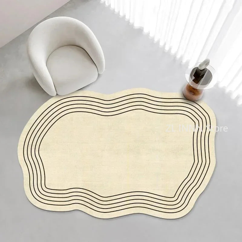Cream Irregular Oval Area Rug - Soft Plush Bedroom Carpet