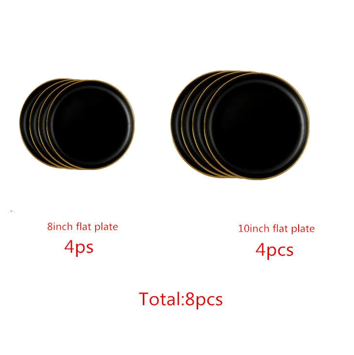 Black Porcelain Dinner Set - Gilt Rim Plates, Bowls & Serveware