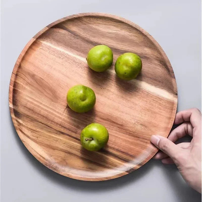 Wooden Round Serving Platter - Rustic Pizza and Dessert Tray