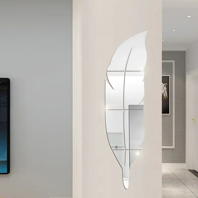 3D Feather Mirror Wall Stickers - Reflective DIY Room Decor