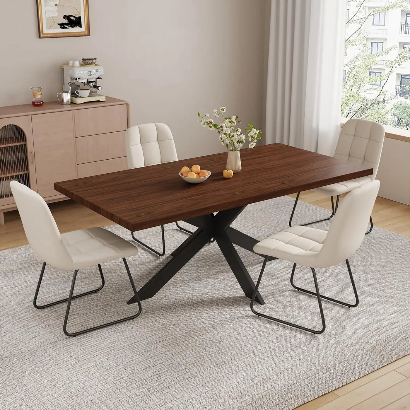Extendable Grey Wood Dining Table Set - 6 Black Fabric Chairs