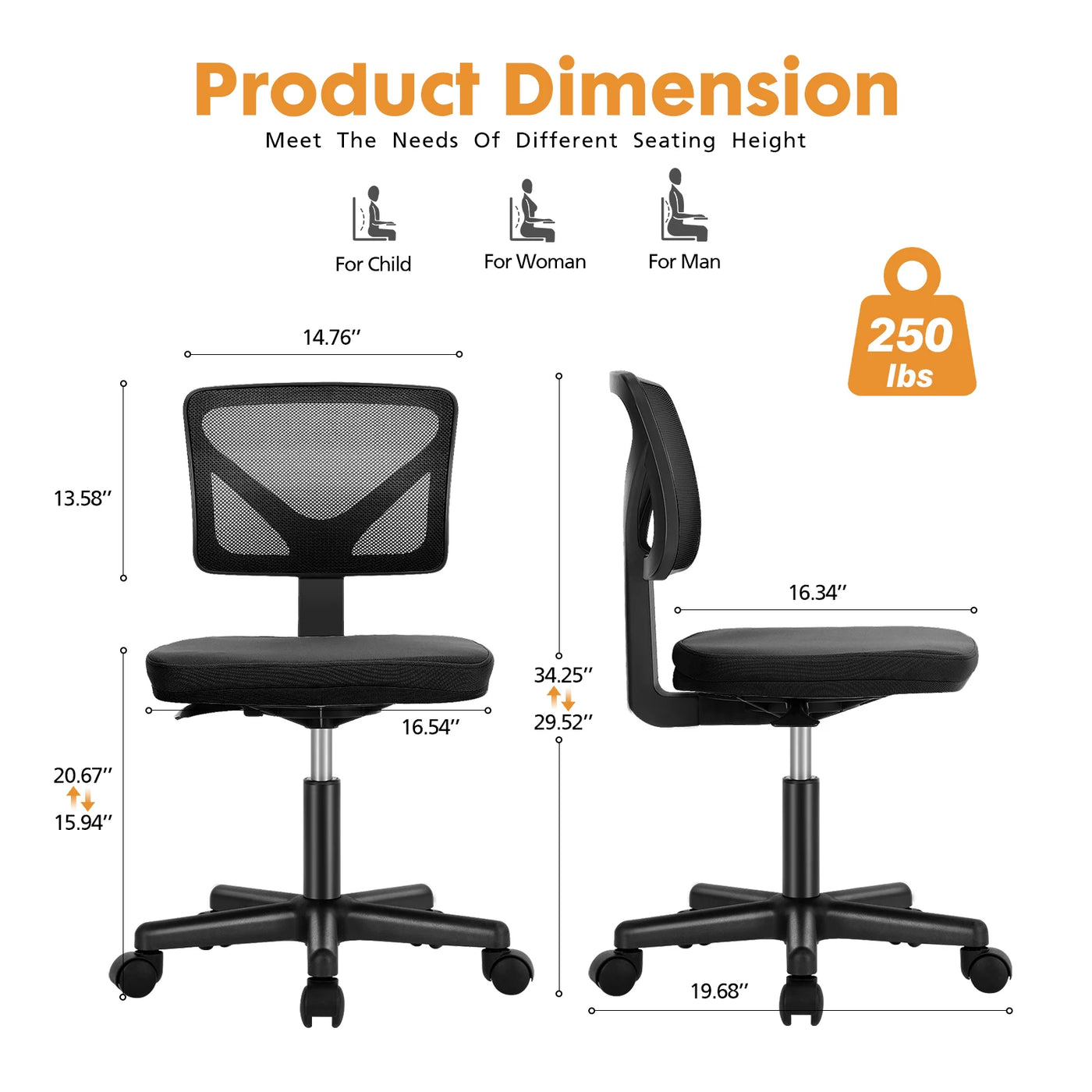 Armless Mesh Office Chair - Low-Back Swivel Seat with Lumbar Support
