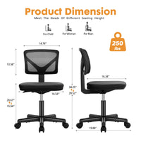 Armless Mesh Office Chair - Low-Back Swivel Seat with Lumbar Support