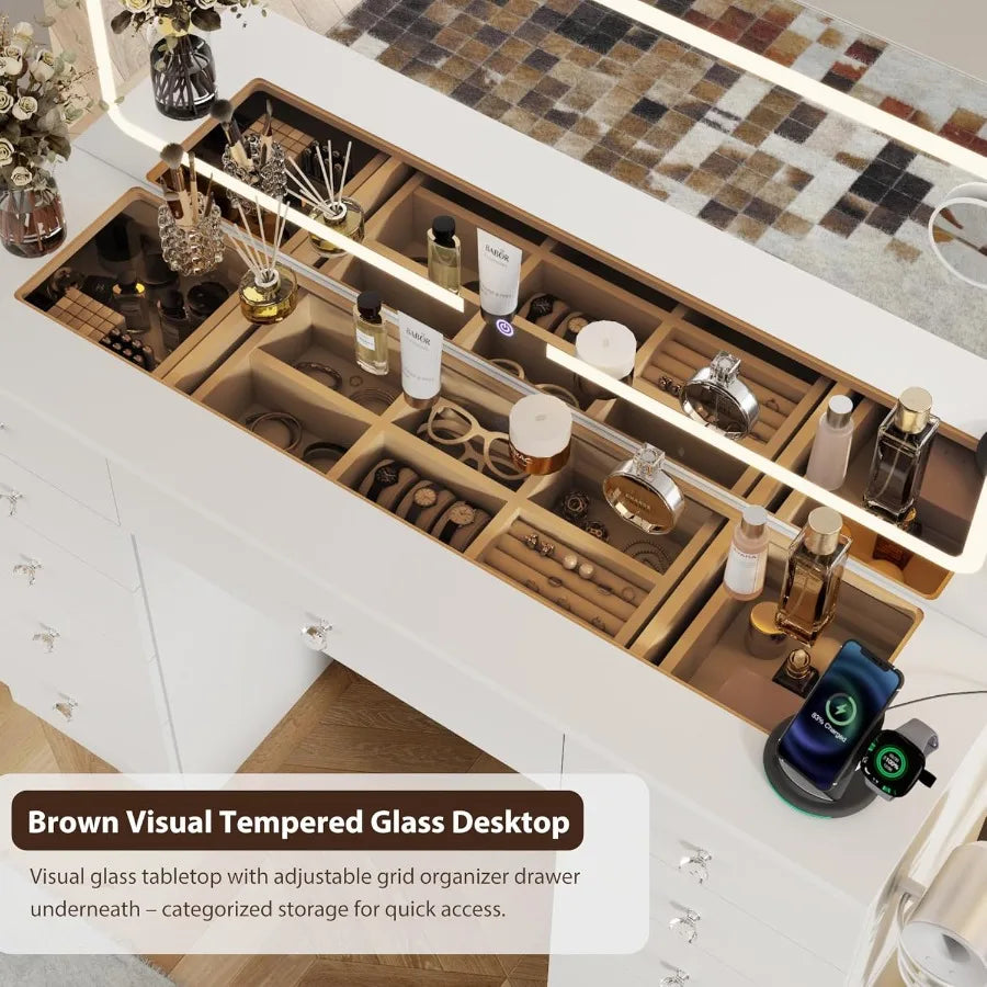 White Makeup Vanity Desk - 11 Drawers Glass Top LED Mirror