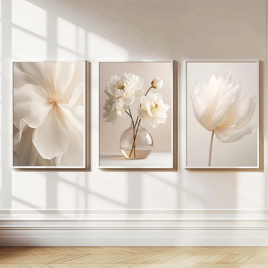 Nordic Beige Peony Floral Canvas Wall Art - Frameless Botanical Print