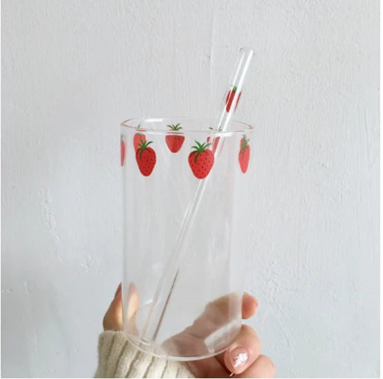 300ml Strawberry Glass Cup with Straw - Heat-Resistant Drinkware