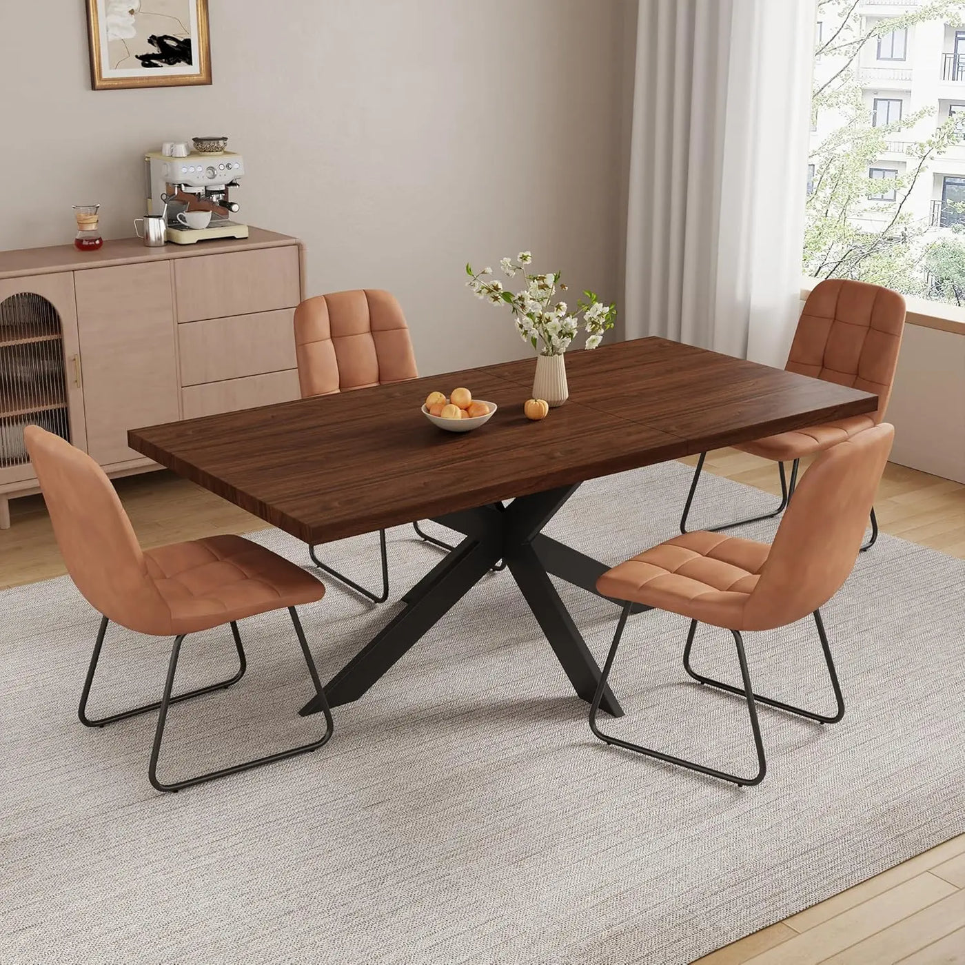 Extendable Grey Wood Dining Table Set - 6 Black Fabric Chairs