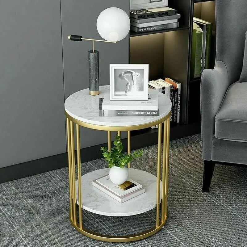 White Marble Side Table - Two-Tier Round Accent Coffee Table