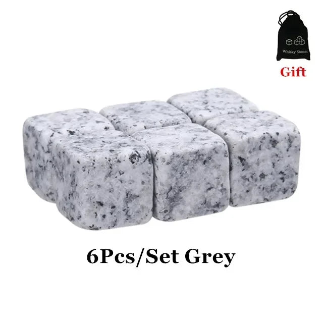 Reusable Whiskey Stones Set - 6-Piece Chilling Rocks with Pouch