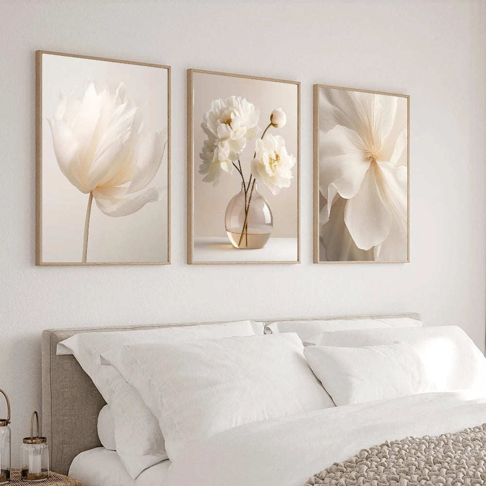 Nordic Beige Peony Floral Canvas Wall Art - Frameless Botanical Print