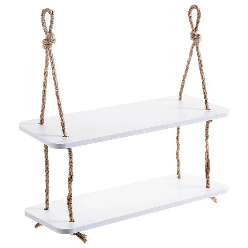Rustic Wooden Wall Shelf Rack - Hook Mounted Storage Organizer