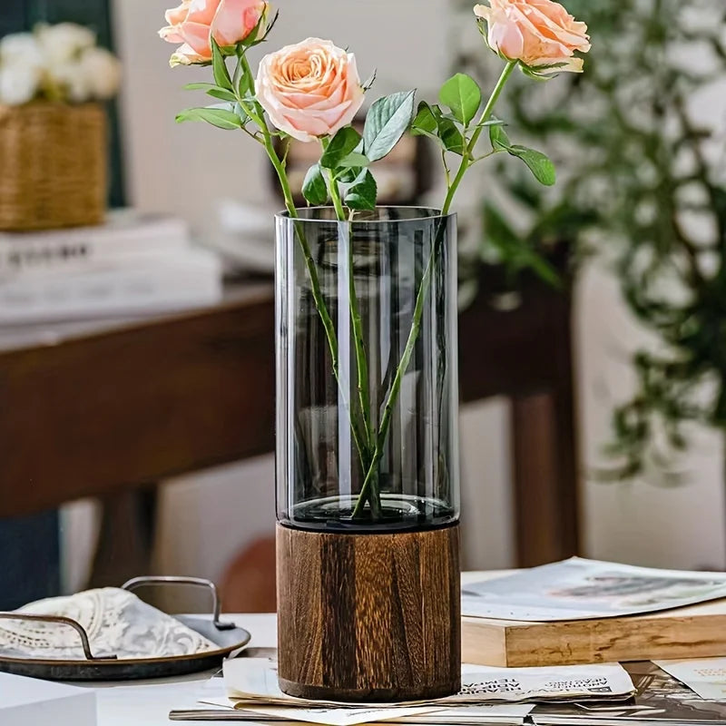 Elegant Glass Vase with Wooden Base - Modern Hydroponic Display