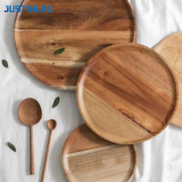 Wooden Round Serving Platter - Rustic Pizza and Dessert Tray