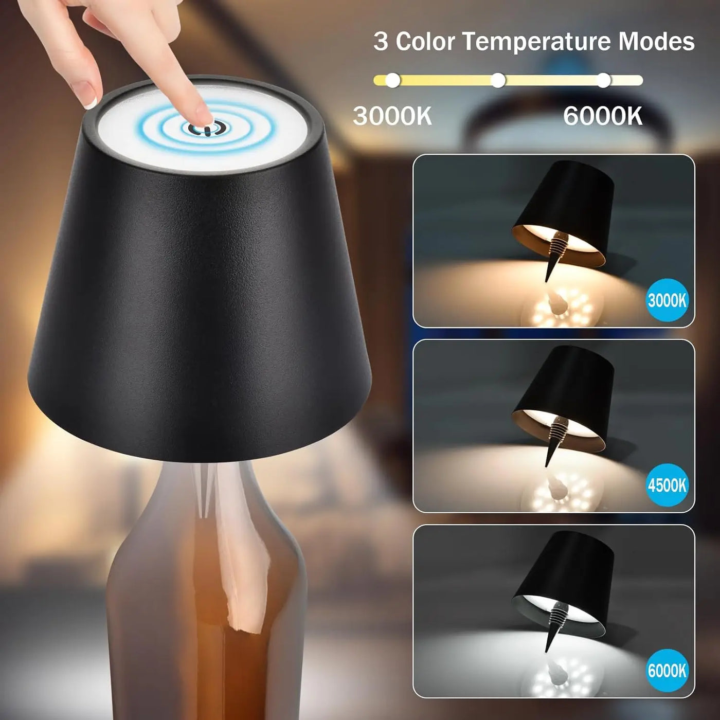 Wireless Bottle Table Lamp - 3 Color Touch Dimming Accent Light