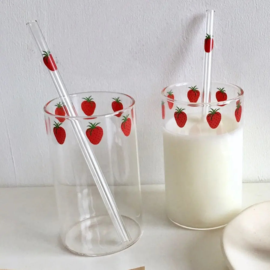 300ml Strawberry Glass Cup with Straw - Heat-Resistant Drinkware